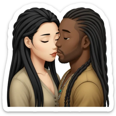 Asian Woman with long hair kissing a black guy with dreads no beard sticker