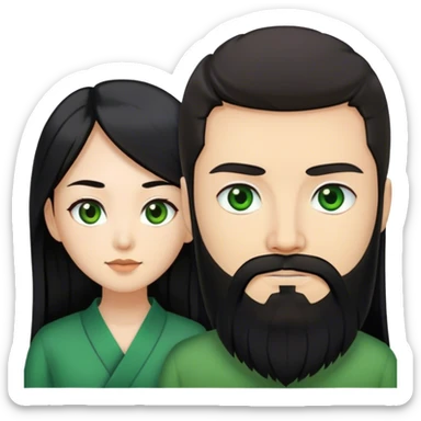 Asian woman with black long hair, brown eyes together with a white guy who has black beard, green eyes  sticker