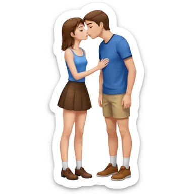 A naked girl with brown hair and bare small breasts openly kisses a tall guy with brown hair full-length on the lips. she is with naked boobs She is wearing a very short skirt and is in full height. sticker