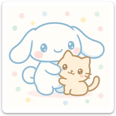Cinnamoroll hugging a cat, kawaii style, soft blue and white, adorable and friendly sticker