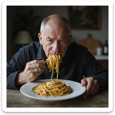 a hyperrealistic 4K image of a sad man about 30 years old eating a plate of pasta, sad expression sticker