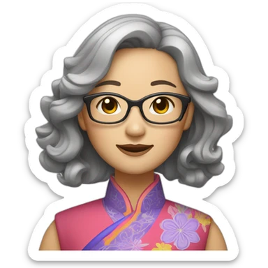 Chinese lady with like Lai gray hair wavy hair to the shoulder length where Chinese dress colourful dress wear glasses sticker