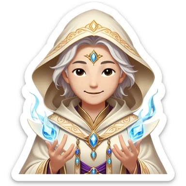 Clash of Clans aesthetic: Beautiful and Majestic Mage Portrait Emoji, Rendered in serene mystique with a gentle, confident smile and an aura of timeless magic, showcasing an elegantly robed figure with intricate arcane embellishments and softly closed eyes in natural skin tone, Simplified yet exquisitely endearing features, highly detailed, glowing with a soft, majestic mystical light, high shine, calm and profoundly wise, stylized with an air of timeless sorcery, soft glowing outline, capturing the essence of a majestic mage whose magical presence inspires epic quests! sticker