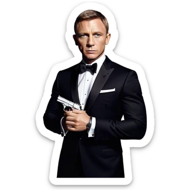 Cinematic Realistic James Bond Daniel Craig Portrait Emoji, depicted as the ultimate suave and enigmatic secret agent, donning a sharply tailored tuxedo, gripping a sleek handgun, with a piercing gaze that exudes confidence and danger. The scene is infused with moody, high-contrast cinematic lighting, evoking the thrilling world of espionage and intrigue. sticker