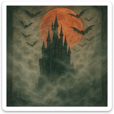 Add thick fog and swirling mist throughout the scene to enhance the creepy atmosphere, keep all other details unchanged. sticker
