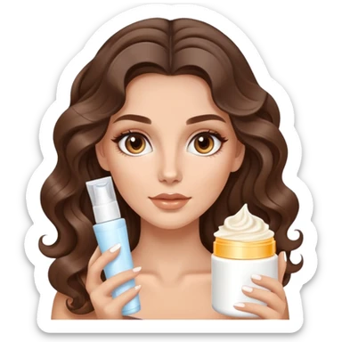 beautiful brunette with a light balayage white girl with nice curls/defined waves, very long hair, clean girl makeup APPLYING A FACE CREAM FOR SKINCARE sticker
