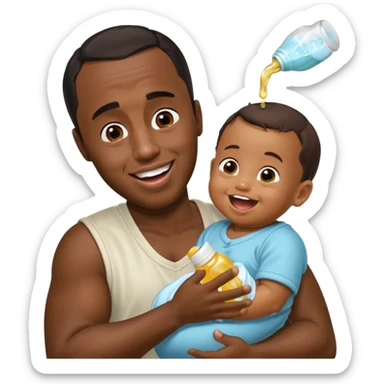 Sean “Diddy” Combs with baby oil and a very small infant and he’s pouring the baby oil on the infant that is laughing with a very exaggerated expression sticker