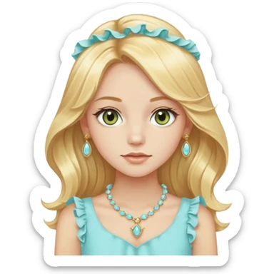 girl with long styled straight-wavy light golden-yellow blonde hair, light hazel-green eyes, pale peach skin, wearing a fancy ruffled light pastel aqua-blue top and expensive light golden jewelry sticker