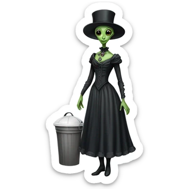 alien galora in Victorian dress elegant, full body, holding a trash bidon sticker