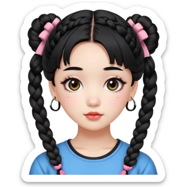 a beautiful girl face, wearing cute korean makeup, black hair, lower braided space buns with cute front bangs, kpop idol sticker