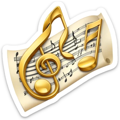 Create a bright and artistic emoji that represents music composition. The design should feature musical notes, a pencil or quill, and a sheet of music, symbolizing the creative process of composing a song. Add a touch of elegance with flowing lines to represent melody and rhythm. Use gold or silver tones for sophistication, and incorporate a mix of vibrant colors to convey creativity. The background should be transparent. sticker