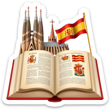 An icon featuring the Sagrada Familia and the flag of Spain, symbolizing the Spanish language. The design includes an open book with Spanish text and flamenco dancers, representing language learning and cultural heritage. Transparent background sticker
