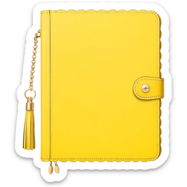 a soft yellow lemon color journal with scalloped edges, tiny gold dot details, and a small tassel charm, cozy and elegant stationery vibe sticker