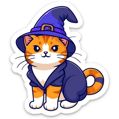 full body ginger tabby cat flopped over on her side wearing an indigo witch hat sticker