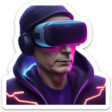 Vladimir Putin wearing a black hoodie with "OMG" letters on it and VR headset oculus quest 2 in a cyberpunk VR environment with violet neon lighting. sticker