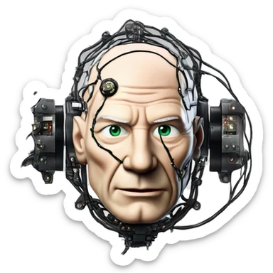 Jean luc picard from Star Trek assimilated by the Borg, with mechanical metal covering the left side of his face, with wires and a red light on the side sticker