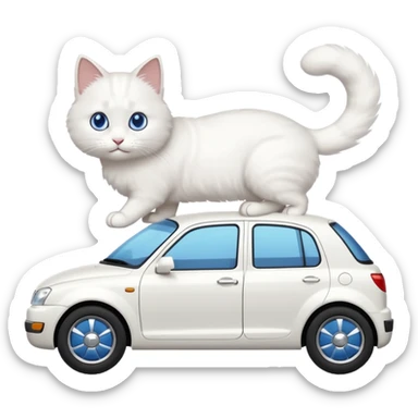 Please create a small emoji the size of 🚗 featuring a pure white cat with stubby tail with blue eyes on a white saloon car viewed from side. Again it is necessary that the emoji must be extremely small, much smaller than a standard sized sticker. sticker