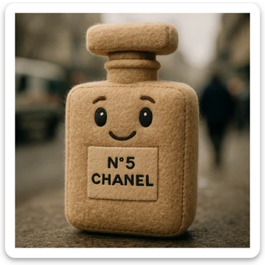 Chanel perfume bottle in plush toy style, soft fabric texture, cute details sticker