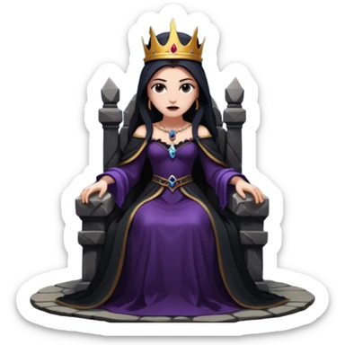 Dark queen seated on stone throne, relaxed dominance, heavy shadows, cold sticker
