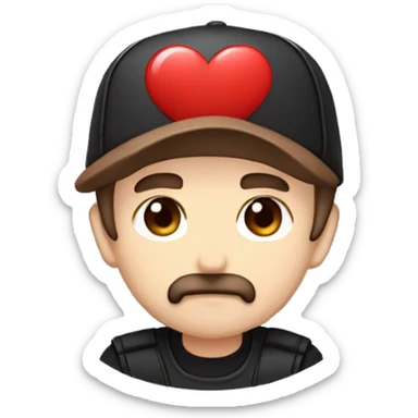Chibi manga male with short brown hair and short brown beard and curve mustache and a black cap with a red heart twitch emote sticker