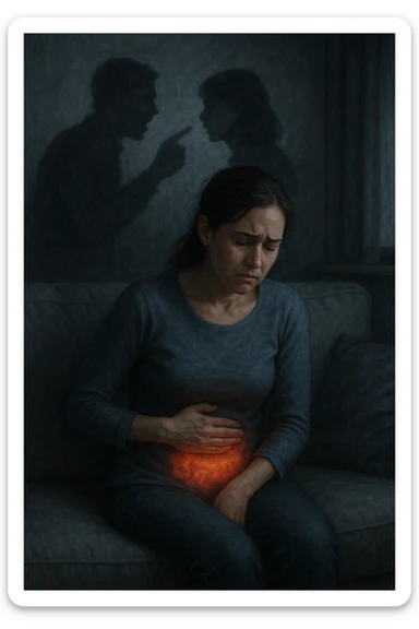 Donna sui 30 anni seduta su un divano, con una mano sull’addome e un'espressione visibilmente provata e triste. Intorno a lei, l’atmosfera è opaca e pesante, con toni freddi. Un’ombra simbolica dietro di lei rappresenta un evento stressante recente (es. un litigio o una perdita). Sul corpo, un lieve bagliore localizzato nella zona intestinale, a simboleggiare il dolore e l'infiammazione. Ambiente domestico, luci basse, emozione visibile. Stile realistico o metaforico con elementi emozionali e viscerali. sticker