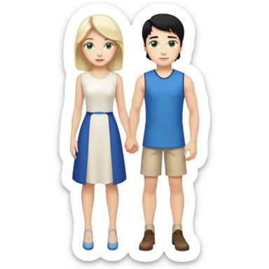 prince, standing upright, black Hair, blue eyes, garment,  woman, bending knee, sleveless white dress, blonde hair, green eyes, sticker