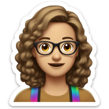 
Make an emoji of a woman, black glasses, brown hair, medium white skin color. Black T-shirt. Rainbow-colored suspenders, brown eyes, medium-sized mouth, with an incredible smile and a crown on his head sticker