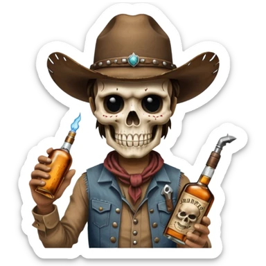 A rough and tumble cowboy with a 6 shooter and a bottle of whiskey. From the view of a bird looking down on the cowboy. Make the graphics dark and gritty in the style of your beeding skull art. Just a skull with a cowboy hat this rime sticker