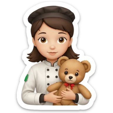 girl kid italian chef, uniform, holding plush bear sticker