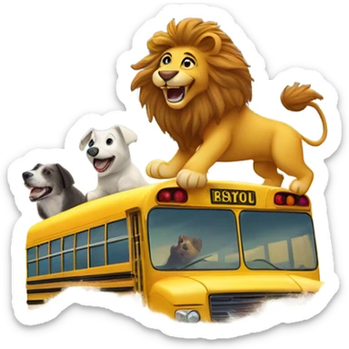 Lion and dog surfing on a school bus  sticker