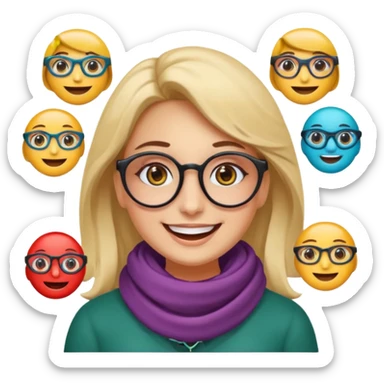 Emoji estilo WhatsApp de una mujer sonriente con rostro ovalado, piel clara, ojos grandes y oscuros, cejas gruesas arqueadas, gafas grandes redondeadas, rizos voluminosos oscuros, bufanda colorida y expresión tierna. Colores limpios, contornos suaves y fondo transparente. sticker