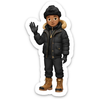 Handsome Black grown man with brown skin tone, wear black joggers, a black bubble coat with a fur brim on the hood, and buckwheat timberland boots, and black gloves sticker