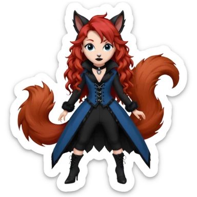  long curly red hair (darker), red pointed ears with black trim, black goth outfits, body and face human, blue eyes, more pointy chin, black lipstick, big fluffy red squirrel tail with black tips, like the attached photo with more outfits and poses,  sticker