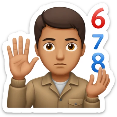 man frowning holding up numbers 6 in left hand and 7 in right hand sticker