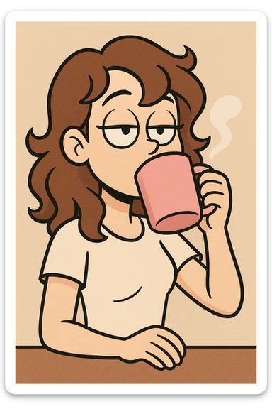 white girl with wavy brown hair, drinking coffee from a pink cup, flat toon style sticker