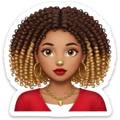 a light skinned black girl with 3b curly hair chocolate color eyelash extension ombre lips with gloss and red blouse gold nose ring piercing and gold septum piercing and gold necklace sticker