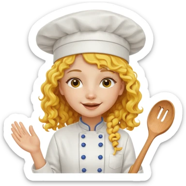 girl, yellow Long curly hair, happy, wearing chef uniform and chef hat sticker