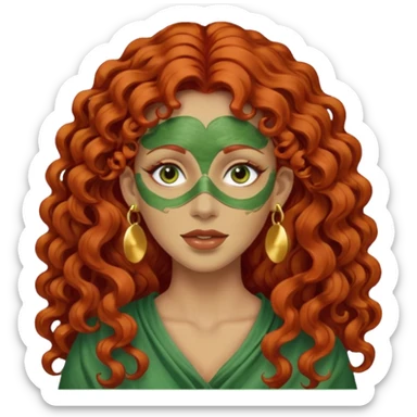 red haired very long curly haired woman with full face green clay mask  and big earrings  sticker