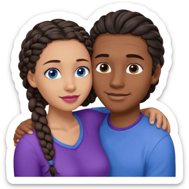 Boyfriend who is very tan olive skinned with blue eyes and wavy straight brown hair in a blue shirt and his girlfriend who is very dark skinned, juicy lipped with black braided hair and the two are hugging and smiling hugely she’s wearing purple and she has black eyes sticker