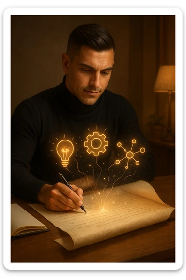 Un uomo concentrato, seduto alla sua scrivania in una stanza con luce calda, sta scrivendo su un enorme foglio di carta che si espande magicamente davanti a lui. Mentre scrive, le parole si trasformano in elementi visivi tridimensionali che rappresentano le soluzioni ai suoi problemi sticker