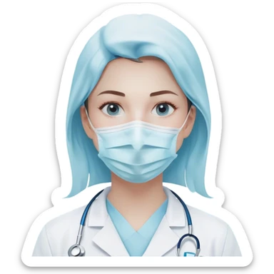 A minimalistic bust of a dentist wearing a white coat with a light blue shirt underneath. The figure has a simple white surgical mask covering the mouth and nose, with visible focused eyes. A small tooth icon is subtly placed on the coat instead of a red cross. The design is sleek and modern, with smooth lines and soft shading. The background features a minimal, abstract dental symbol such as a tooth outline or a small dental tool (mirror or scaler). No extra details, keeping a clean, professional, and minimalistic emoji style sticker