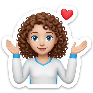 A 3D cartoon-style avatar with a friendly, expressive face. The avatar has curly  hair, bright blue eyes, and a warm smile. It wears a simple white long-sleeve shirt and has a playful pose, with one hand raised and small red hearts floating around sticker