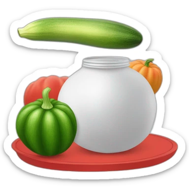 a white ball and some kind of witch next to it and this is all on a red trampoline and in the witch’s hand is a green jar of zucchini sticker