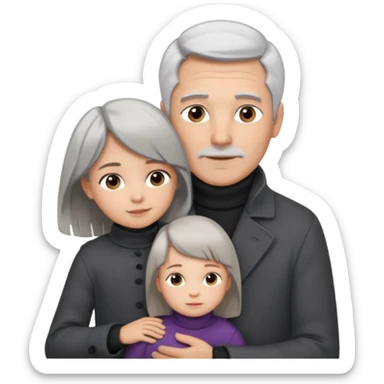 A father with silver-grey hair styled neatly and a clean-shaven face, wearing a dark turtleneck and wool coat, holding his girl child gently. The child has light brown hair and a soft white dress. Warm cinematic lighting, emotional close-up. sticker