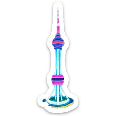 N Seoul Tower – Cinematic Realistic N Seoul Tower, depicted as a sleek modern tower illuminated against a vibrant cityscape at night, with reflective glass and dynamic neon lighting, rendered with intricate architectural detail and a futuristic urban glow. sticker