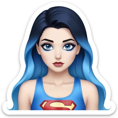 very very large chest-stunning beautiful face-black leggings-glitter lipstick-very long straight dark blue to light blue ombre hair-and-blue eyes-a lot of black eyeliner-thick long eyelashes-sky blue low tanktop with glitter superman logo-no gloves sticker