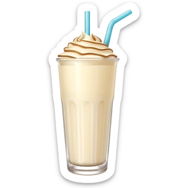 A 3D cartoon tall glass of vanilla milkshake with a straw, smooth creamy texture, light froth on top, subtle reflections, soft warm light, Memoji-style. sticker
