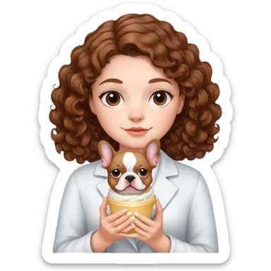  girl with brown curly hair holding cream colored french bulldog  sticker