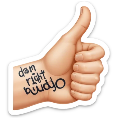 Hand with thumbs up with quote “damn right I do buddy” tattooed on top of hand thumbs up motioning good yes sticker