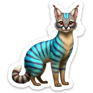 Colorful exotic shiny striped cobalt-blue-cyan-iridescent-gradients-colored fur coat with red markings tropical glorious divine exotic cute cool beautiful realistic caracal-civet-genet-sergal-vernid-Cacomistle-Trico-oncilla-animal-Fakémon-hybrid-fursona (full body) sticker